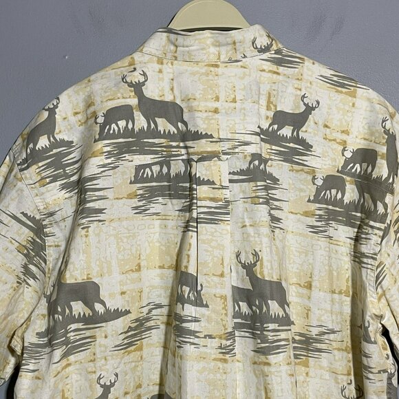 Woolrich Outdoor Button Shirt Men Size L Deer Elk Hunt Beige Short Sleeve Pocket - Picture 4 of 7